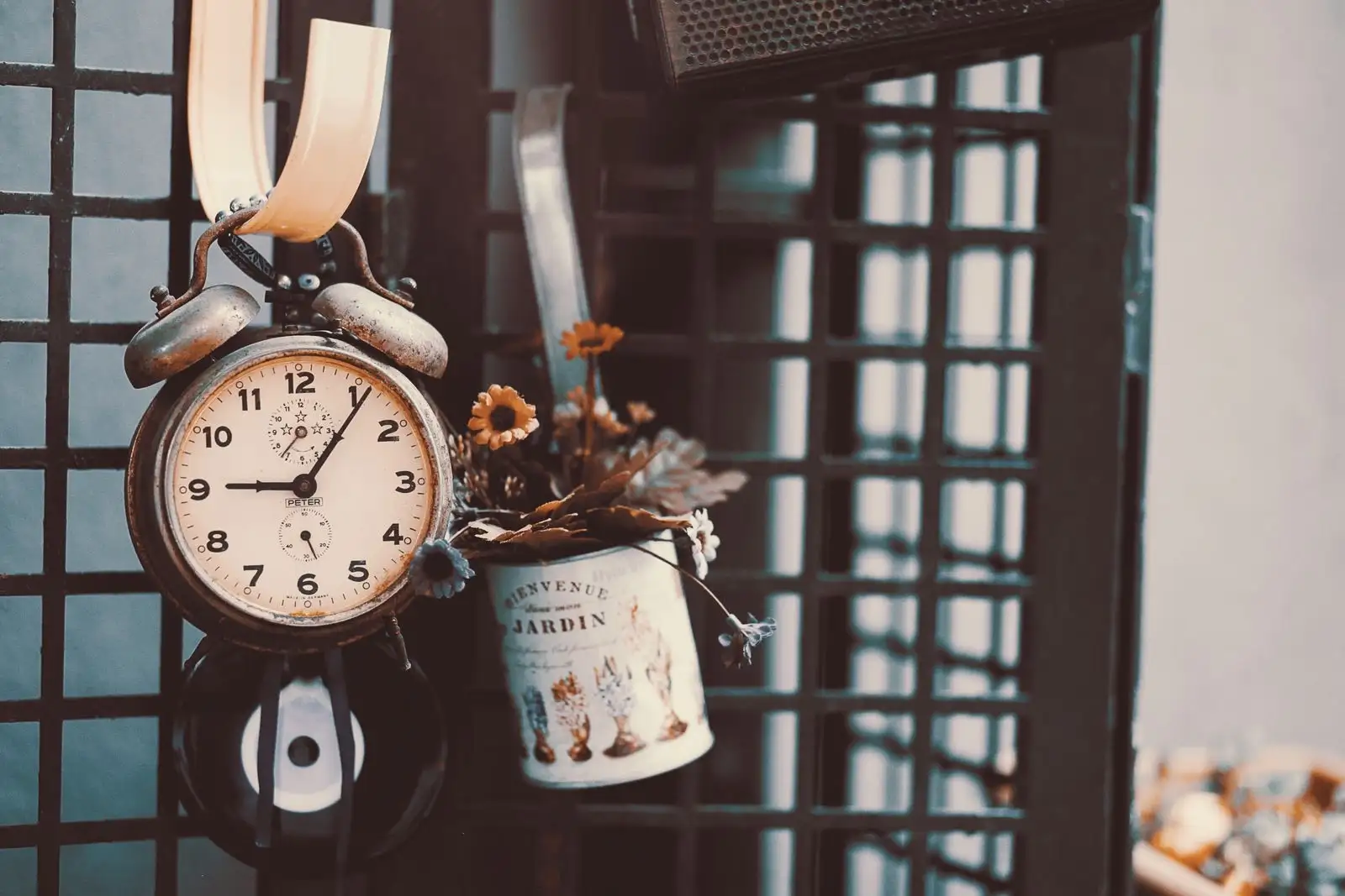 Old alarm clock hanging on a metal grid next to a pot of dried flowers