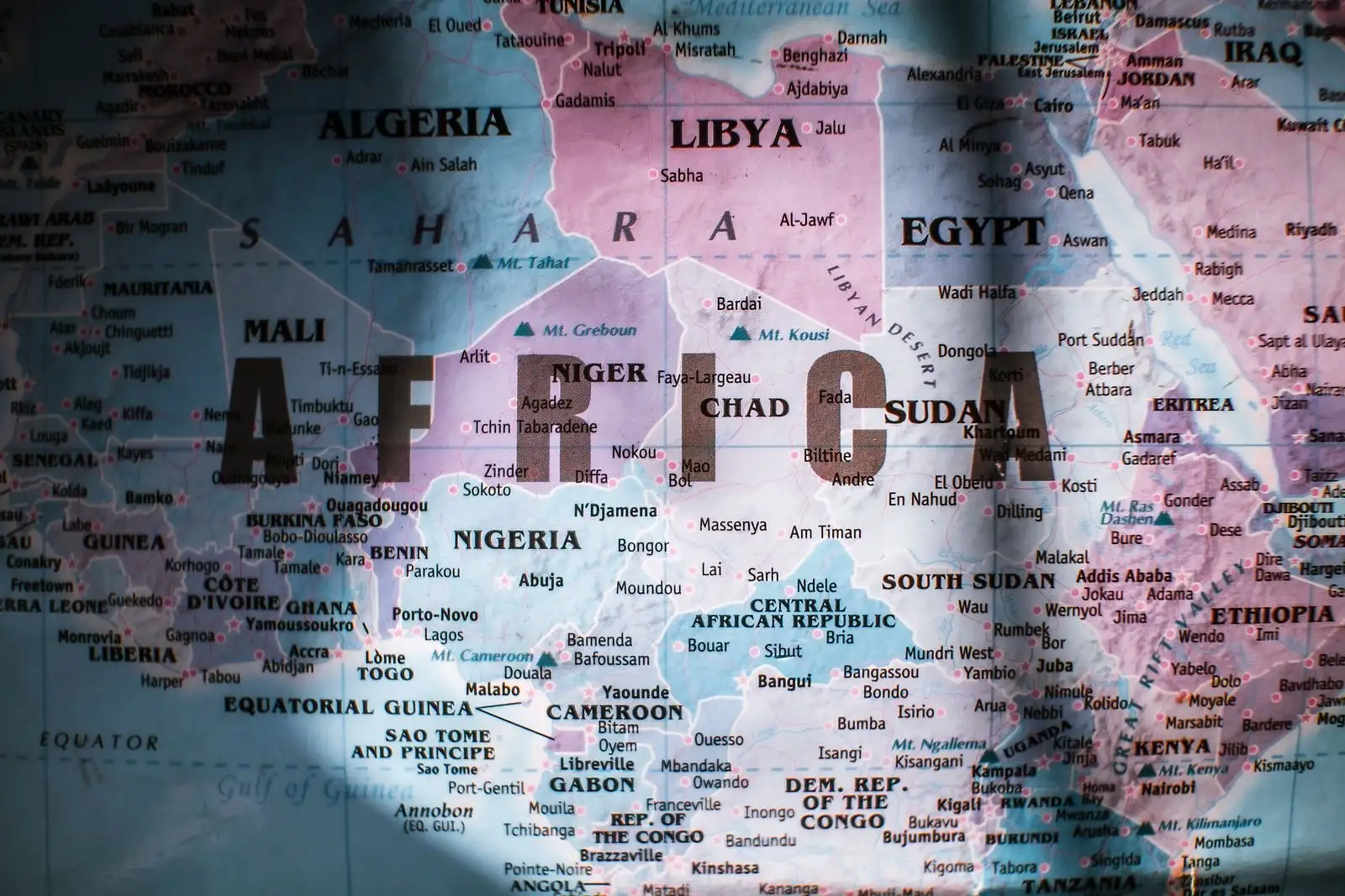 Close-up of a wall map of Africa, centred on Cameroon, Gabon, Chad, the Central African Republic and the two Congos