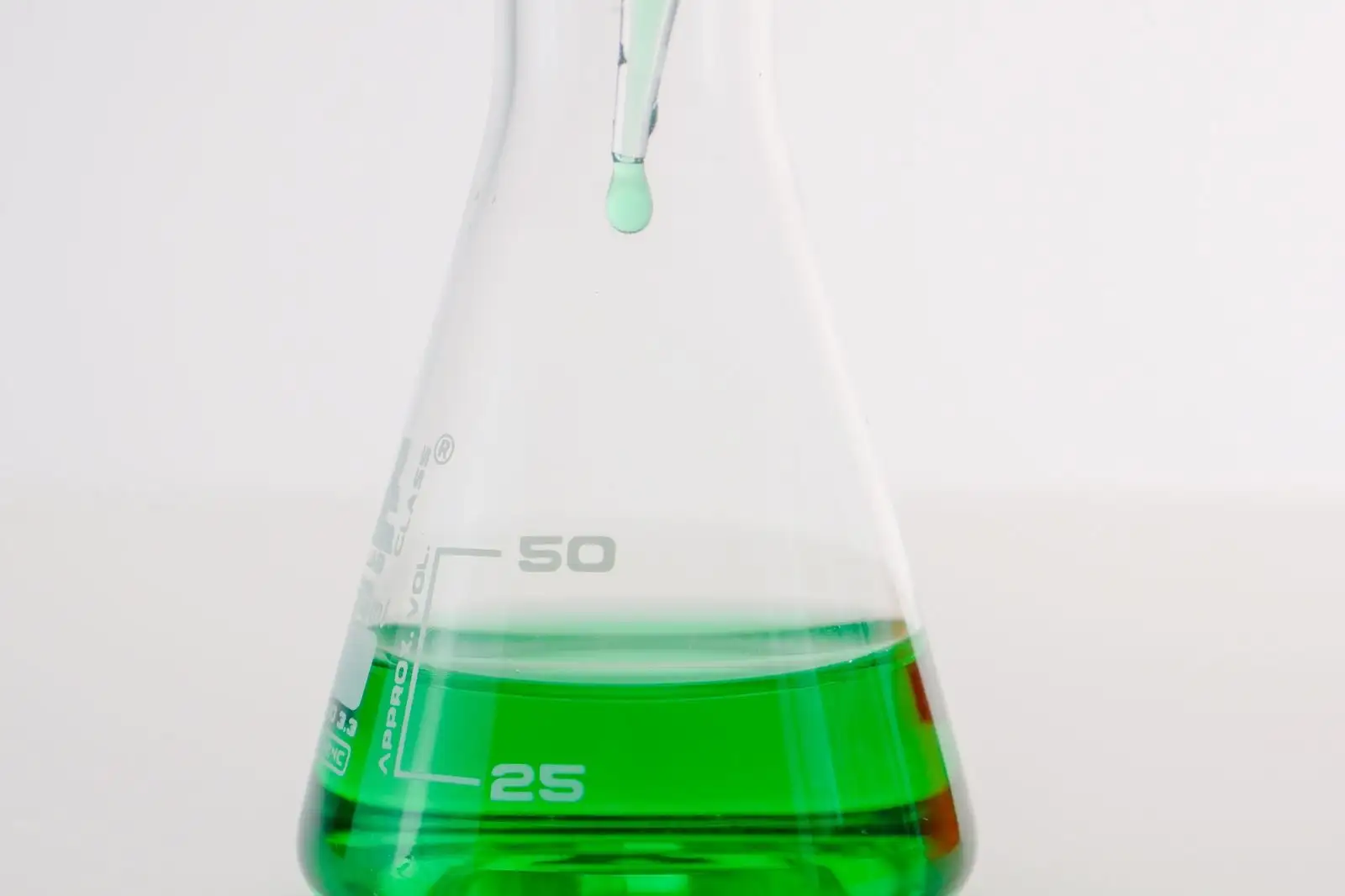 Pipette releasing a drop into a graduated laboratory flask holding a green liquid