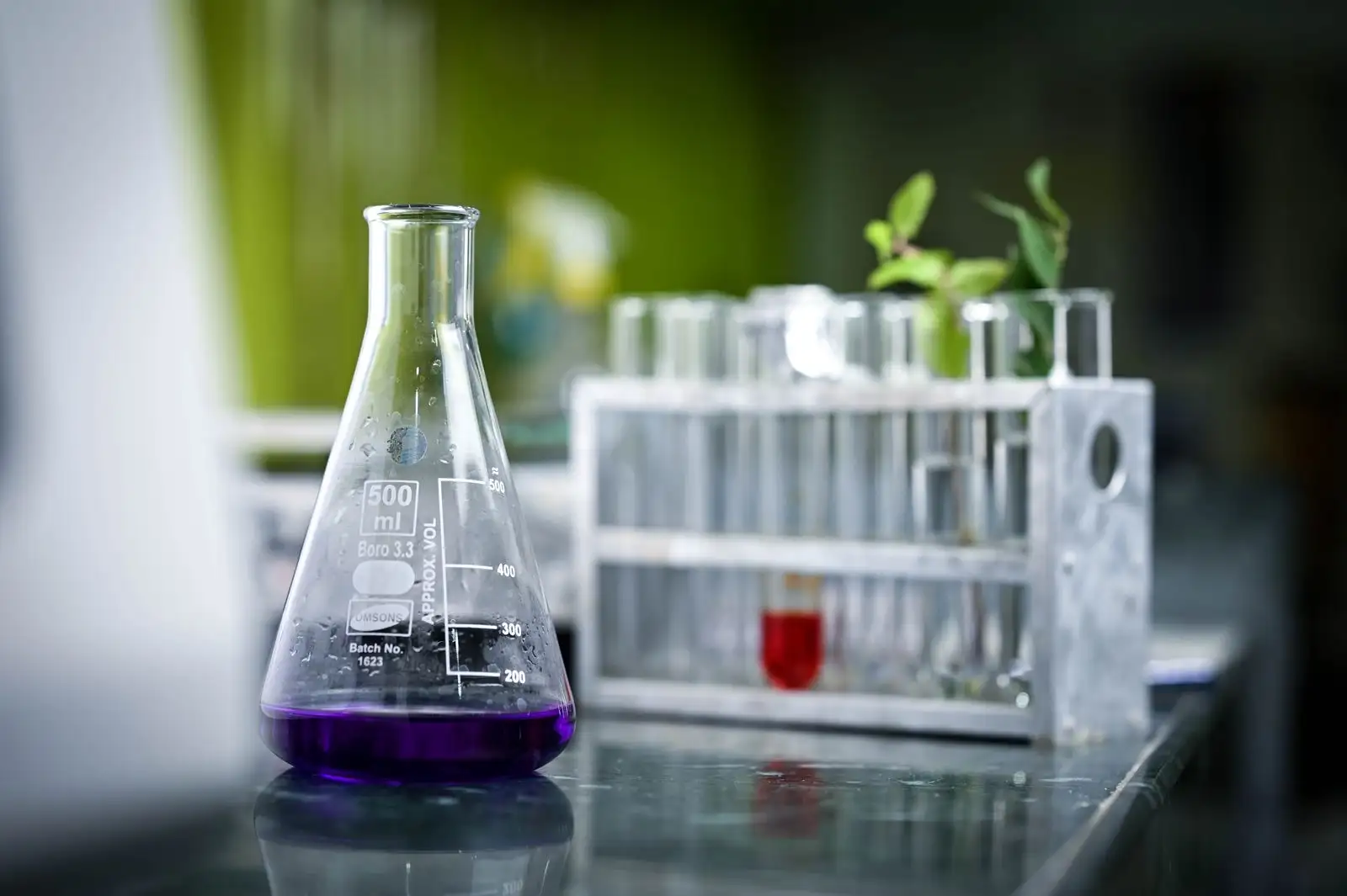 Erlenmeyer flask holding a purple liquid in front of a rack of test tubes, in a laboratory