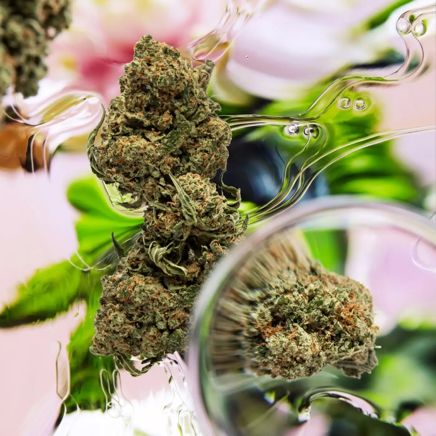 Abstract close-up of flowers and foliage through a glass effect