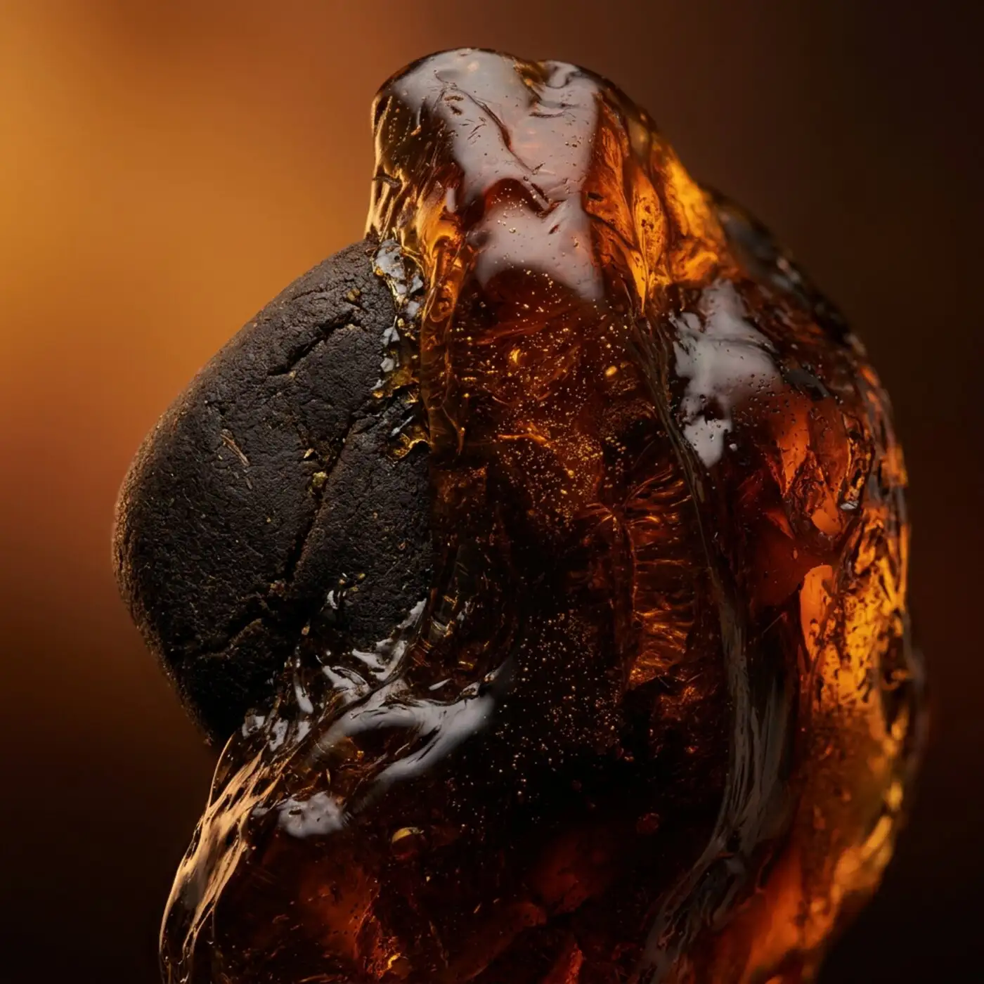 Macro close-up of a translucent amber resin