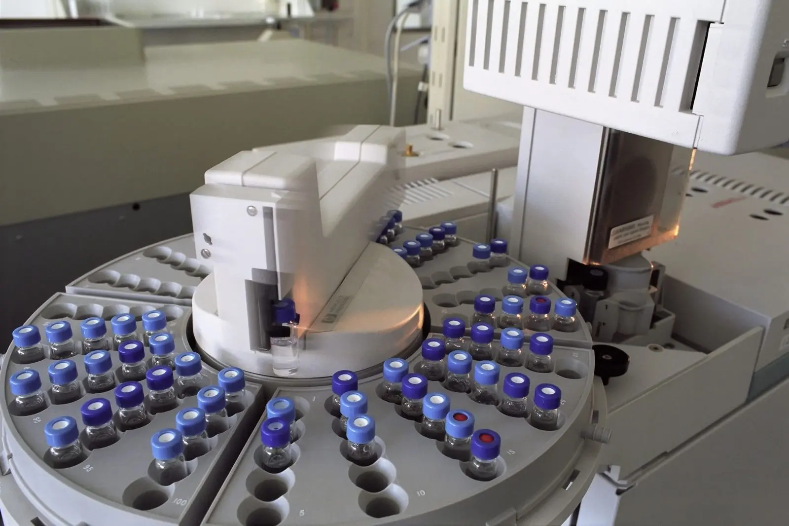 Sample vials on the tray of a chromatograph, the instrument that confirms a drug test in the laboratory