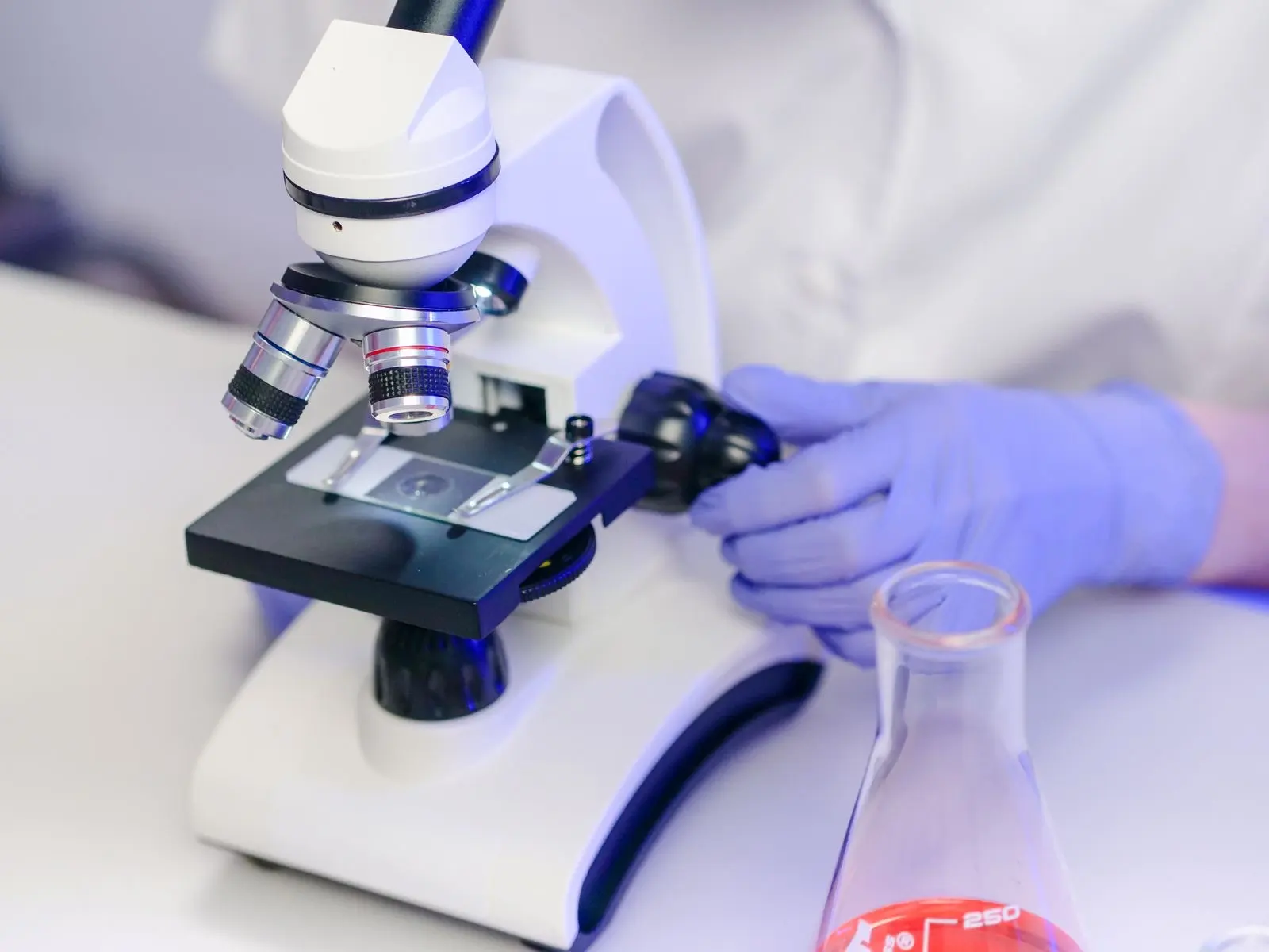 Gloved hands adjusting a laboratory microscope, with a flask beside it