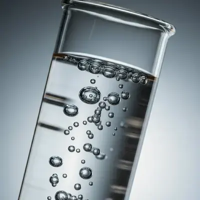 Tube à essai incliné, bulles en suspension dans un liquide clair