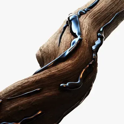 Coulée de métal liquide sur une branche de bois