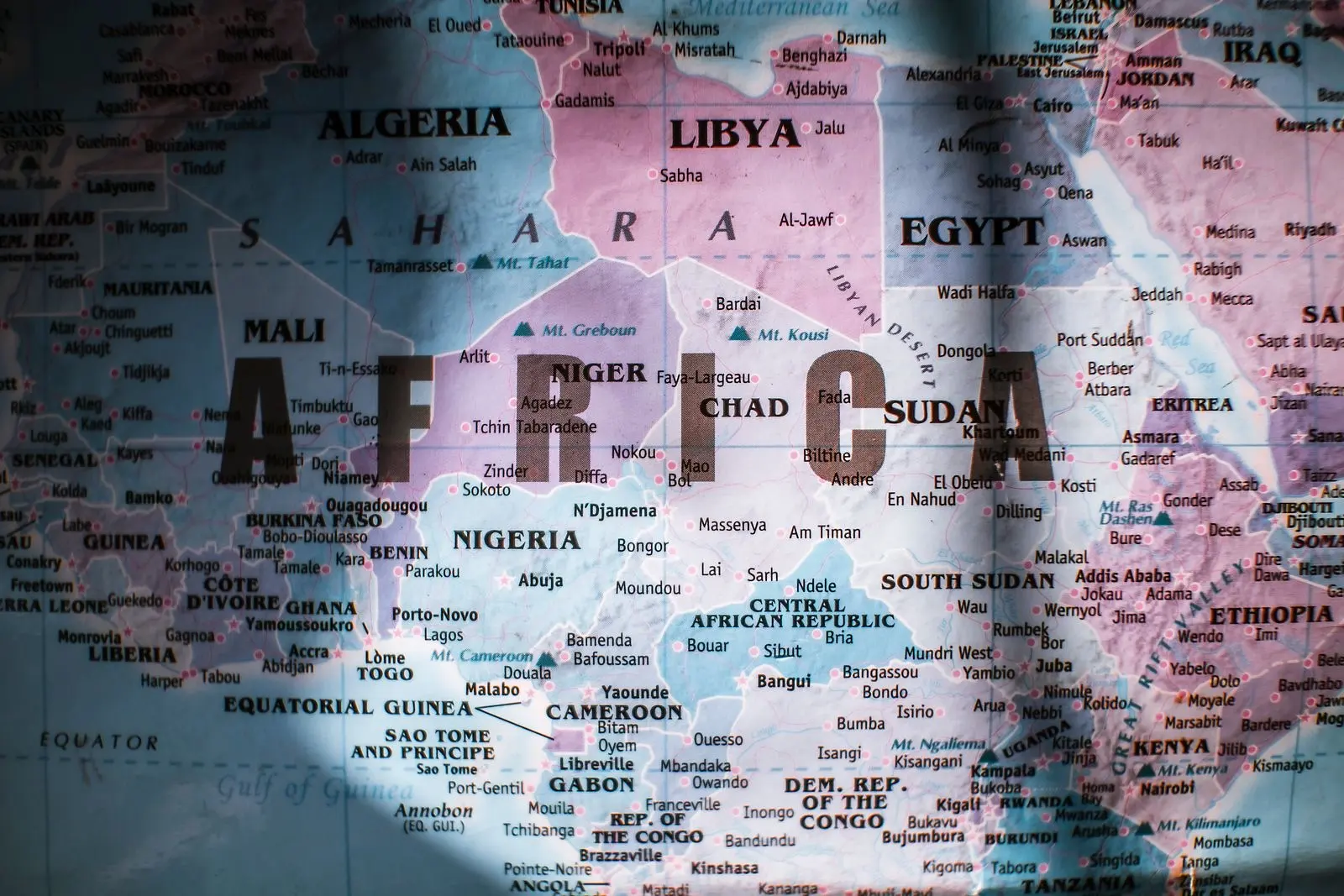 Close-up of a wall map of Africa, centred on Cameroon, Gabon, Chad, the Central African Republic and the two Congos