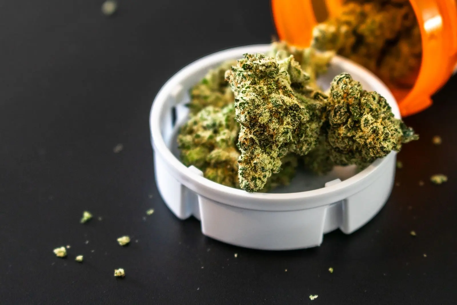 Dried cannabis buds in the lid of a tipped-over orange pharmacy bottle